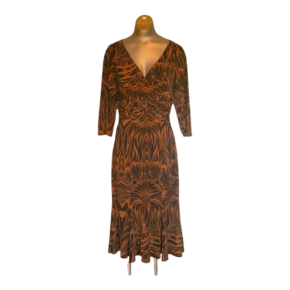Vintage Nineties Dress Burnt Gold Orange and Black Andalusia Midi Dress Medium